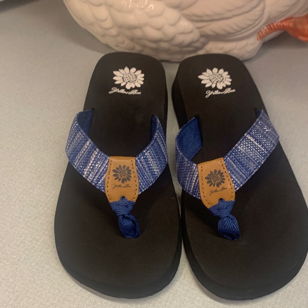 Yellow Box Blue Striped Thong Sandals with Tan Accents